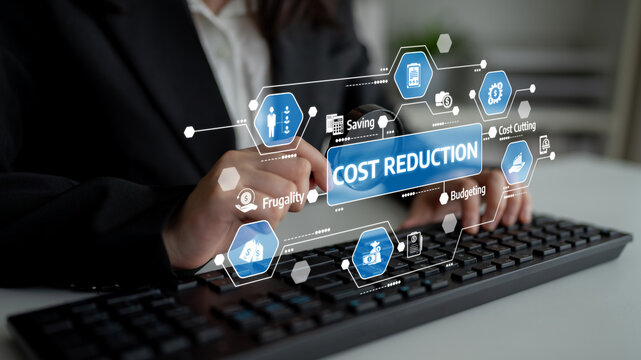 A business professional focuses on cost reduction strategies while using a computer. Various budgeting icons and financial management graphics are integrated into the scene. Tessel