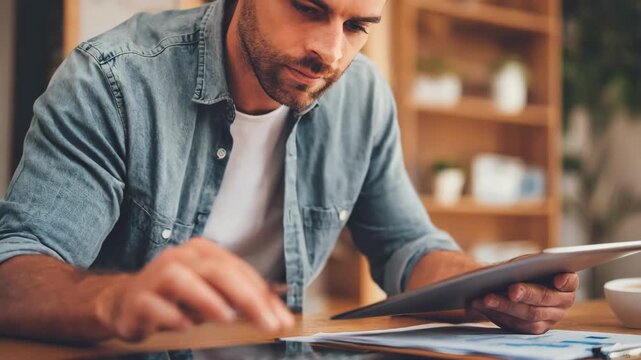 Medium shot of a single professional calculating installment payments on a tablet planning budget for buying a mailorder home with flexible financing.