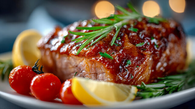 Close-up of juicy glazed ham garnished with rosemary, cherry tomatoes, and lemon in warm, appetizing lighting