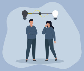 Flat Vector Illustration of Two Thoughtful People Connected by Black and White Lightbulbs Symbolizing Idea Contrast, Brainstorming, Innovation Exchange, Creative Thinking, Idea Polarity