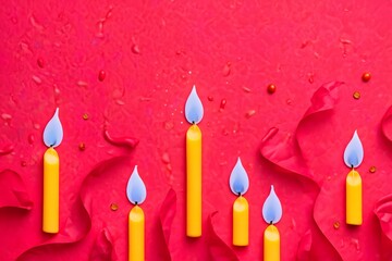 Burning Candles with Petals and Water Droplets on Red Background