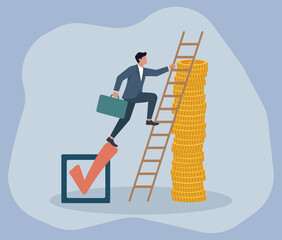 Businessman Ascending Ladder to Wealth Stack with Approval Checkmark, Career Climb, Financial Success, Achievement Goal, Wealth Pursuit, Validation Mark