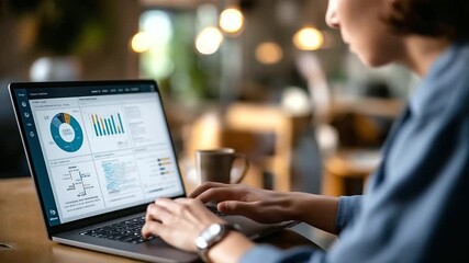 Faceless marketer analyzing digital marketing dashboard with detailed charts pie graph statistics organizational chart structure performance data analytics business - Powered by Adobe