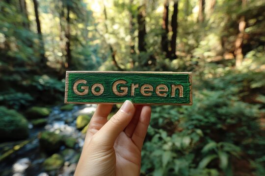 A close-up of a hand-painted "Go Green" wooden sign, dappled sunlight filtering through a vibrant forest canopy, creating a peaceful and inviting mood