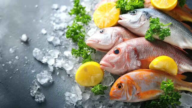 Seafood market stall with fresh fish on crushed ice, lemon wedges and parsley garnish, clean premium display, top view, with copy space