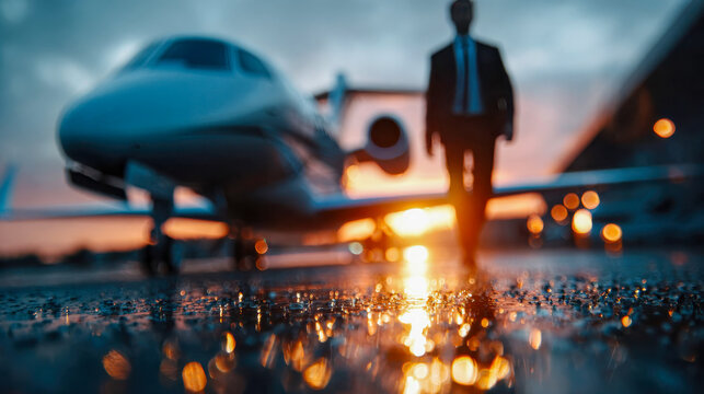 A man watches airplanes on the runway at sunset, with warm reflections and soft bokeh creating an emotional travel atmosphere