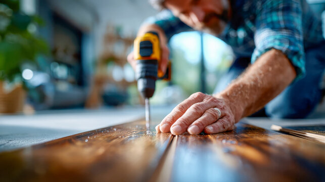 Skilled carpenter drilling into wooden flooring with a power tool in a bright workshop
