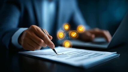 Faceless businessman showing online document validation icon interface quality assessment management checklist business evaluation process market data report analysis - Powered by Adobe