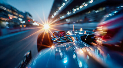 Dynamic POV shot from inside a race car speeding through a brightly lit racetrack