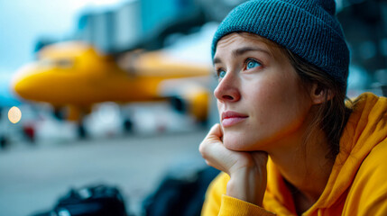 Young woman looking out at an airplane during sunset at the airport