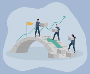 Obraz premium Teamwork Bridge to Success: Flat Vector of People Building Arch with Growth Arrow, Teamwork, Collaboration, Growth, Bridge Building, Achievement