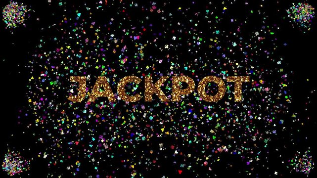 Large golden Text JACKPOT with many colored confetti on black background