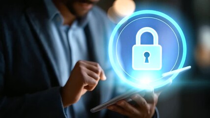 Close up faceless businessman using digital tablet with holographic security lock icon cybersecurity data protection concept encryption technology AI security system online - Powered by Adobe