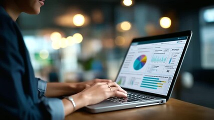 Faceless marketer working with digital marketing dashboard interface analytical charts display colorful pie graphs organization structure chart performance metrics data busine - Powered by Adobe