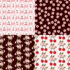 cherry blossom berry seamless pattern set on pink and green background. wrapping, fabric, textile