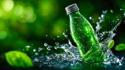 A green beverage bottle splashes into water, surrounded by dynamic droplets and bright green bokeh