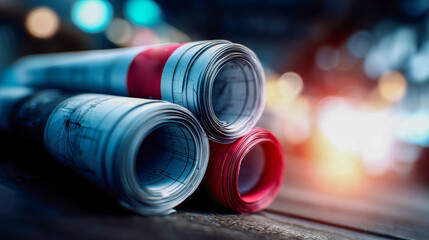 Close-up of rolled architectural blueprints stacked on a worktable in a modern industrial workshop