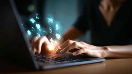 Medical technology digital health concept close up faceless person using laptop and tablet with healthcare icons overlay telemedicine interface health data management medical - Powered by Adobe