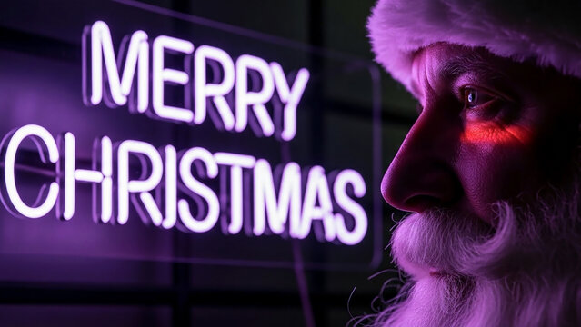 Santa's Face Illuminated by Neon Glow