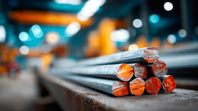 Close-up of stacked round steel bars at an industrial construction site with bright bokeh lights