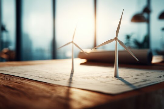 Close-up of two sleek wind turbine models on a wooden desk, surrounded by detailed architectural blueprints, softly illuminated by natural light, evoking a serene and innovative atmosphere