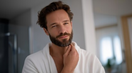 A man standing in a bright minimalist bathroom applying beard oil with slow, deliberate strokes, warm morning light highlighting the shine and texture — modern men’s grooming, beard-care ritual,