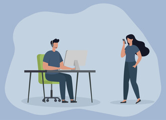 Remote Customer Support: Man at Desk with Headset and Computer, Woman on Phone, Remote Work, Customer Service, Digital Communication, Office Interaction, Tech Support