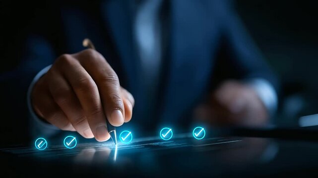 Faceless businessman validating digital documents using futuristic interface with checkmark icons overlay quality assurance system dashboard compliance review process document - Powered by Adobe
