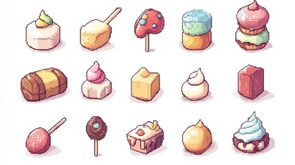 Illustration, pixelated pixel drawing of sweets, collage on white background. From cakes and lollipops to macarons and ice cream, each treat is rendered in a soft, playful, cartoon theme.