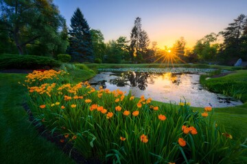 Vibrant Orange Tulips Blooming by Tranquil Pond at Sunset