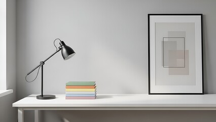 Minimalist desk with a framed picture and a lamp, creating a clean and modern workspace