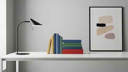 Minimalist desk setup with a lamp, books, and abstract art