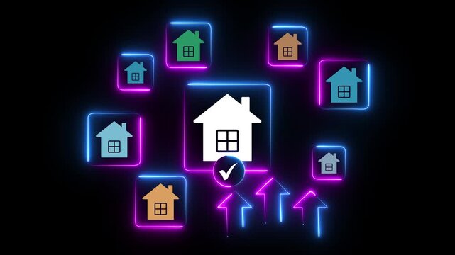 Smart property selection interface, user choosing house on laptop using digital platform, showcasing real estate listing decision process, home investment strategy. Motion graphics of home concept. - Powered by Adobe