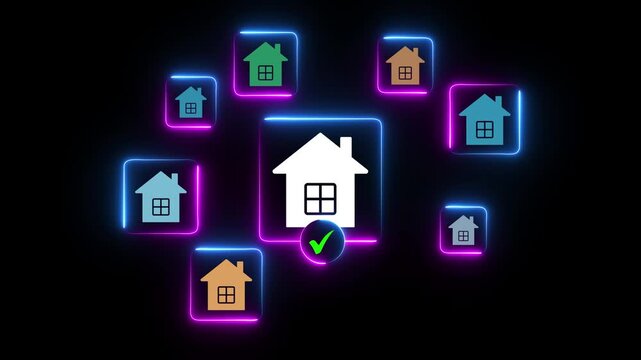Smart property selection interface, user choosing house on laptop using digital platform, showcasing real estate listing decision process, home investment strategy. Motion graphics of home concept.