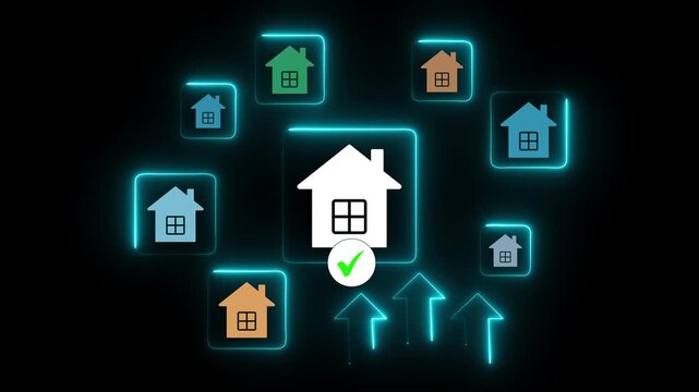 Smart property selection interface, user choosing house on laptop using digital platform, showcasing real estate listing decision process, home investment strategy. Motion graphics of home concept.