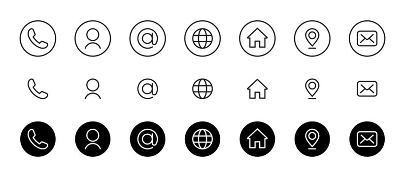Contact us icon set. Phone, user, mail, home and location elements in minimal outline and solid styles vector illustration. Web and app interface sign for communication and navigation symbol pictogram