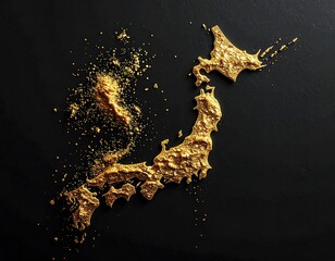 Fototapeta premium Gold powder forms a textured map of Japan on a dark surface, sparkling and partially crumbling