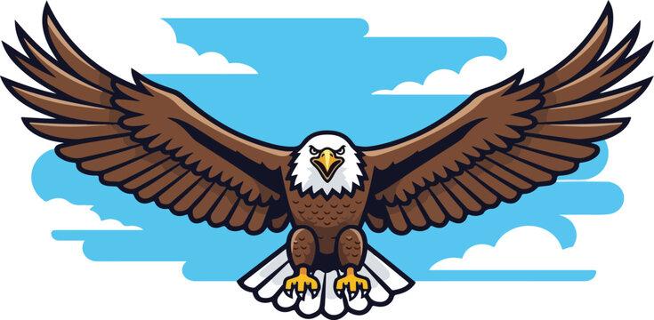 Cartoon illustration of a bald eagle soaring with outstretched wings against a blue sky with stylized clouds. - Powered by Adobe