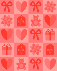 Charming stylized Valentine&rsquo;s background with bright, playful elements. Ideal for both digital and print use, like textiles, gift wrap, banners, love-themed designs, cards, romantic decor, and ads.