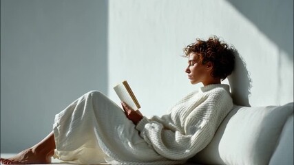 A young woman in white casual clothing reclines comfortably on a terrace while reading a book, enjoying bright sunlight and peaceful relaxation outdoors. - Powered by Adobe