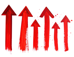 Artistic painting of multiple red arrows pointing upwards, against a stark black background