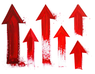 Artistic arrangement of six upward-pointing arrows, painted red with white details, against black