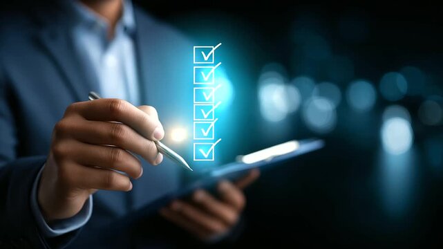 Faceless businessman presenting online document validation icon interface quality assessment management checklist business evaluation process market data report analysis consul