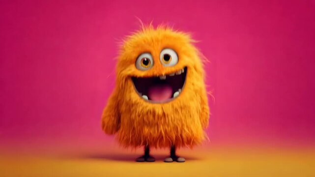 Orange fluffy monster with big eyes and wide smile standing, mid-jump and landing. Happy cartoon character dancing animation.