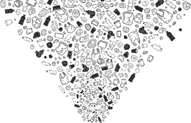 Black and white vector illustration of various waste items forming a funnel shape, highlighting pollution and environmental issues