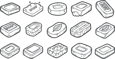 Outline vector illustration of various soap bars and shapes, ideal for hygiene and skincare branding projects