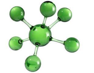 Glass-like green molecule model, with spherical atoms connected by transparent rods, floating on black