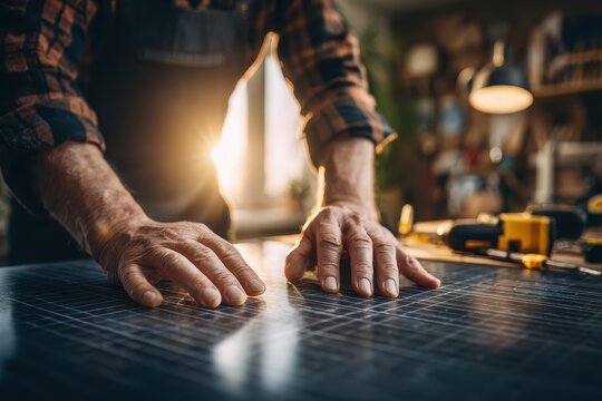 Hands of a man inspecting solar cells in a sunlit workshop, with tools and materials around, creating a mood of craftsmanship and renewable energy commitment