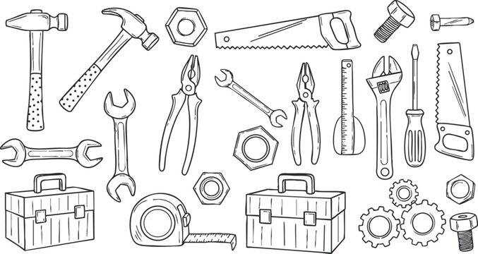 Hand-drawn vector illustration of various tools and equipment for construction and repair projects, perfect for DIY and handyman themes