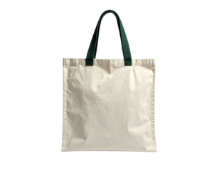 A neutral-colored tote bag with dark green handles, isolated on a solid black background
